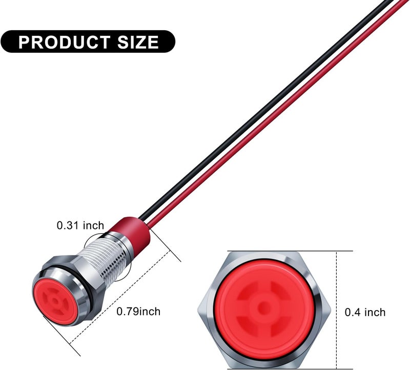 FICOLPO 10 قطع ضوء مؤشر معدني LED مقاوم للماء، 12-24 فولت 1/4 بوصة ثقب تركيب موصل مسبق الأسلاك لإشارة الطيار للسيارات والشاحنات والقوارب والبحرية ولوحة العدادات والكهرباء الصناعية (أحمر، 8 مم) - Image 3